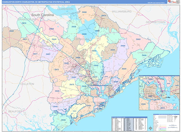 Charleston-North Charleston Metro Area Wall Map Color Cast Style